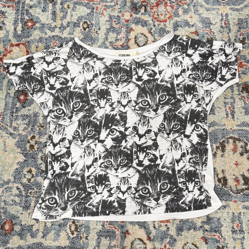 Starling Graphic Tee Women S White Black Cat Print Kitten Core EUC